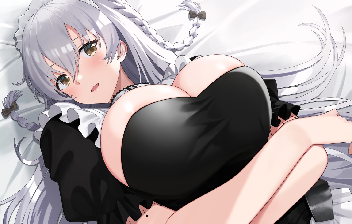 anthropomorphism, azur_lane, braids, breasts, cleavage, close, hermione_(azur_lane), long_hair, maid, sakamotono