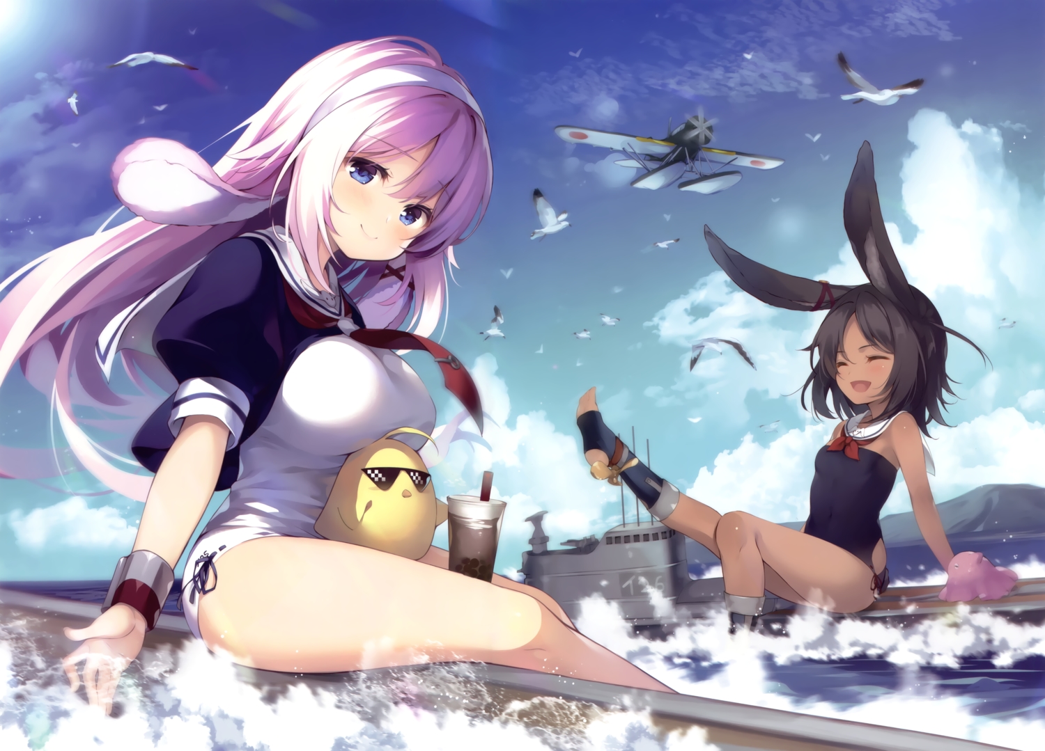2girls, aircraft, animal_ears, anthropomorphism, azur_lane, dark_skin, i-25_(azur_lane), i-26_(azur_lane), loli, manjuu_(azur_lane), scan, senji_(tegone_spike), swimsuit