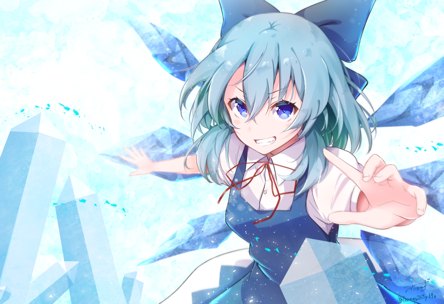 baileys_(tranquillity650), blue_eyes, blue_hair, bow, cirno, dress, fairy, fang