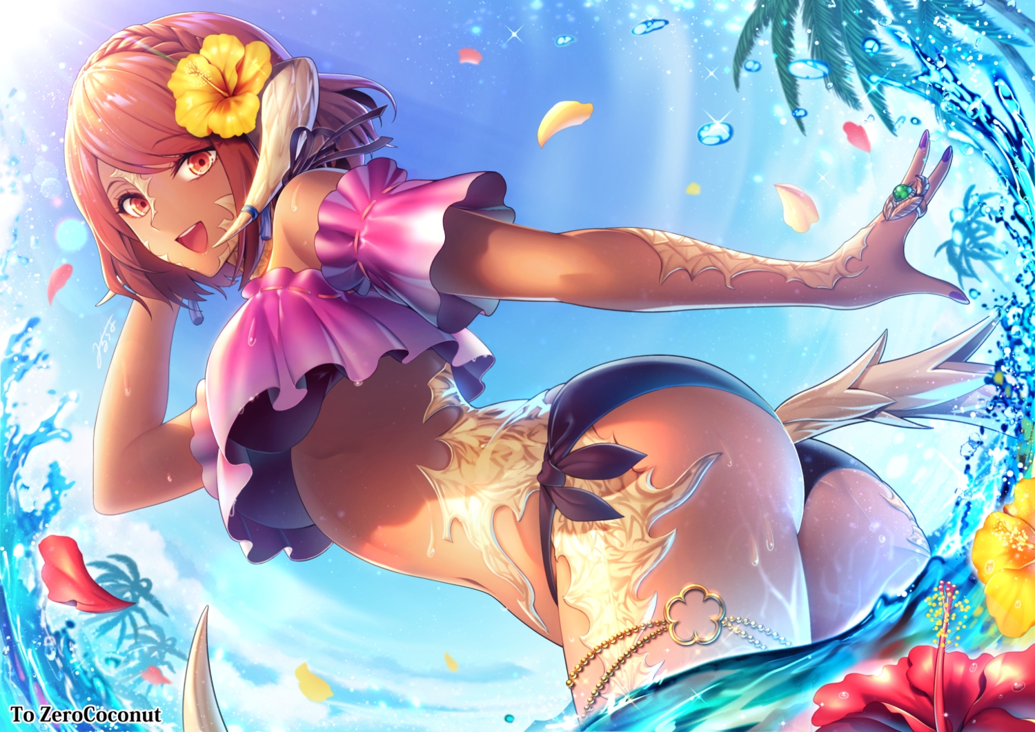 ass, au_ra, bikini, braids, clouds, dark_skin, final_fantasy, final_fantasy_xiv, horns, milcho, sky, swimsuit, tail, water