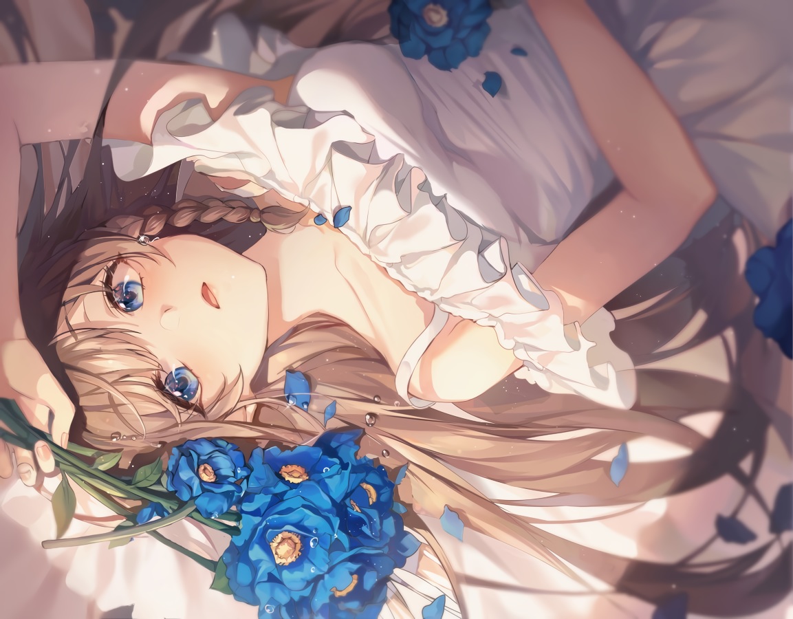 blue_eyes, braids, brown_hair, dress, flowers, long_hair, original, summer_dress, ttosom