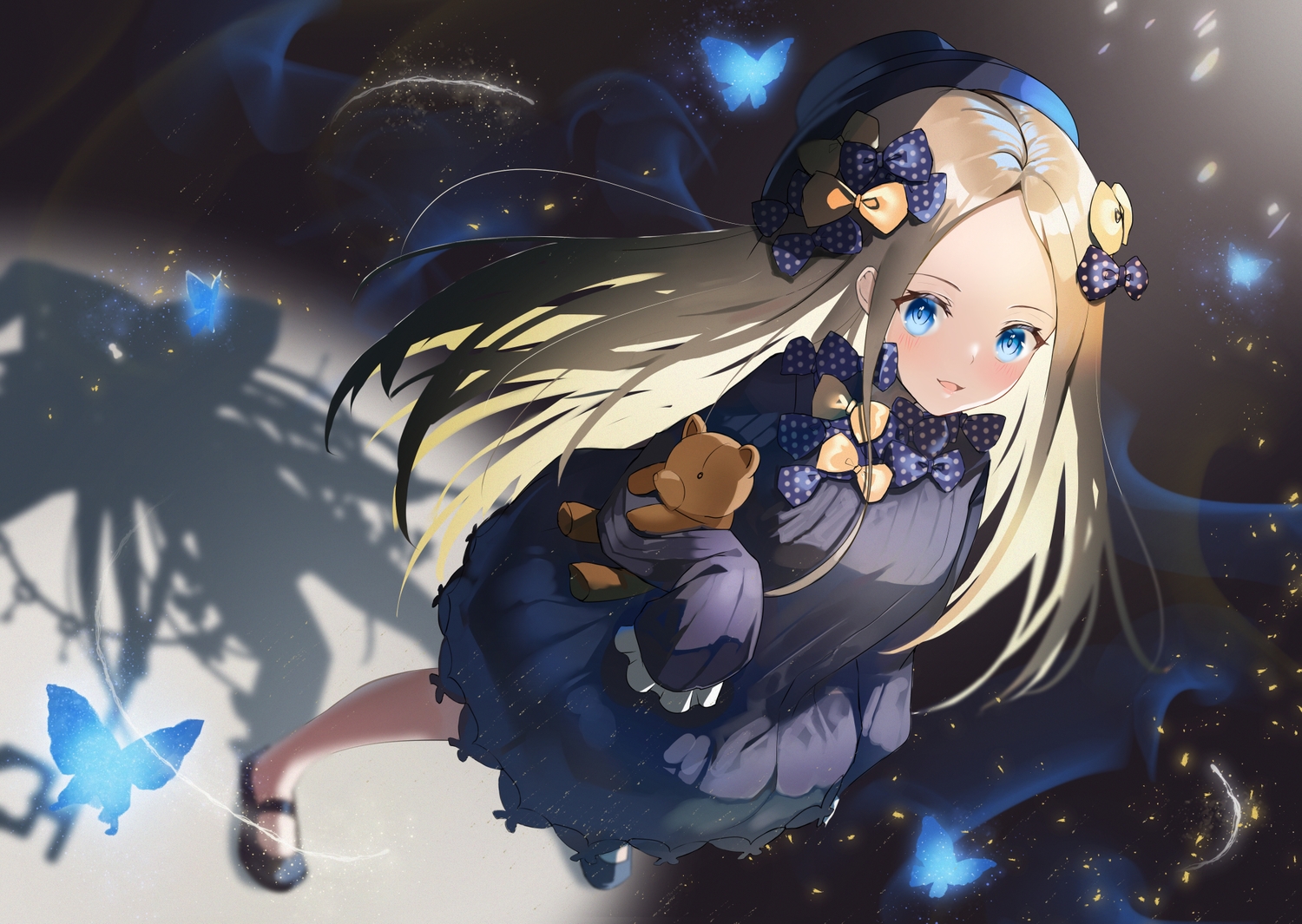 abigail_williams_(fate/grand_order), blonde_hair, blue_eyes, butterfly, dress, fate/grand_order, fate_(series), loli, long_hair, teddy_bear, tukise_33