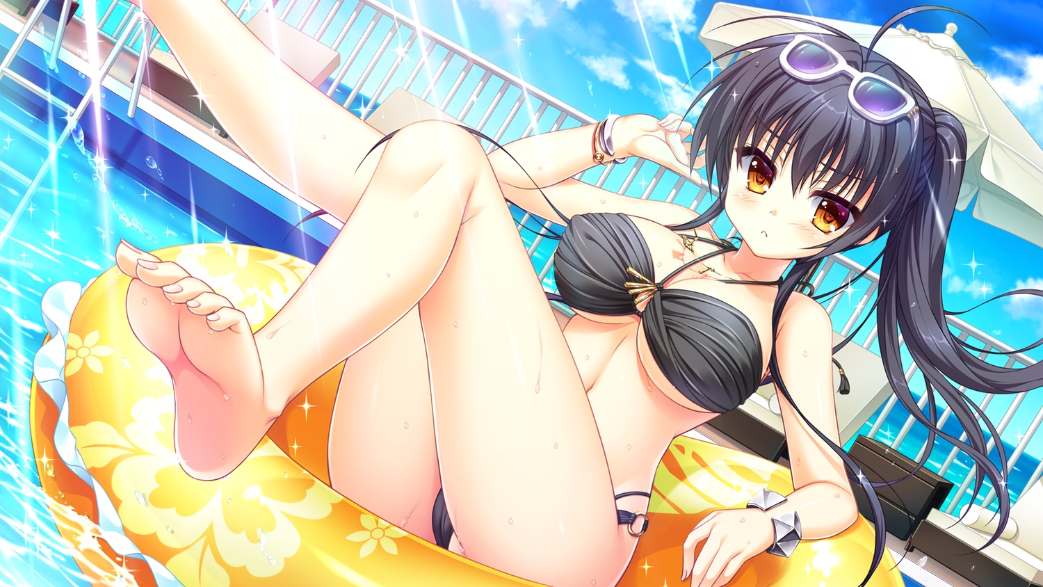 arisue_tsukasa, barefoot, bikini, black_hair, cameltoe, game_cg, jougasaki_ayaka, kin'iro_loveriche, kin'iro_loveriche_-golden_time-, long_hair, ponytail, pool, saga_planets, sunglasses, swimsuit, water