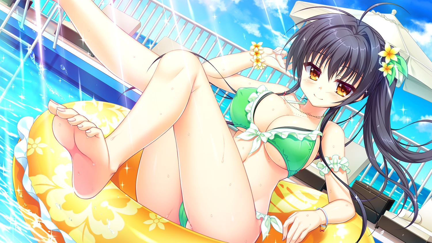 arisue_tsukasa, barefoot, bikini, black_hair, cameltoe, erect_nipples, game_cg, jougasaki_ayaka, kin'iro_loveriche, kin'iro_loveriche_-golden_time-, long_hair, ponytail, pool, saga_planets, sunglasses, swimsuit, water