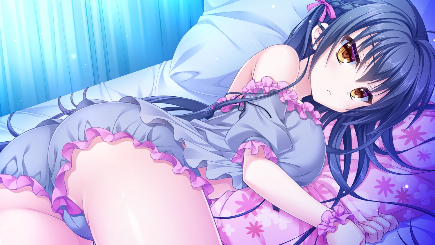 arisue_tsukasa, ass, bed, black_hair, cameltoe, game_cg, jougasaki_ayaka, kin'iro_loveriche, kin'iro_loveriche_-golden_time-, long_hair, pajamas, saga_planets