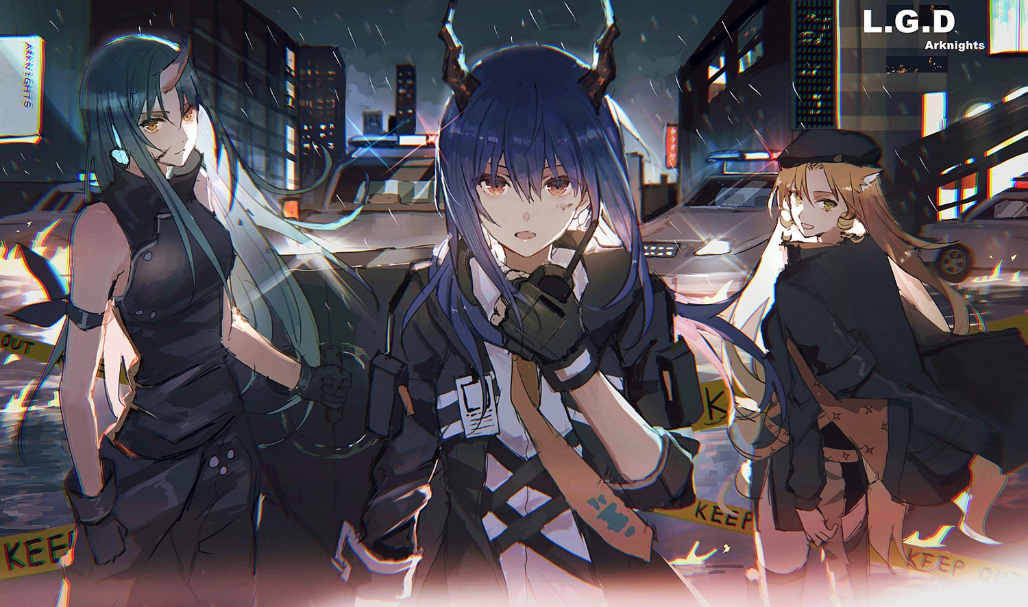 animal_ears, arknights, blue_hair, brown_eyes, building, car, catgirl, ch'en_(arknights)