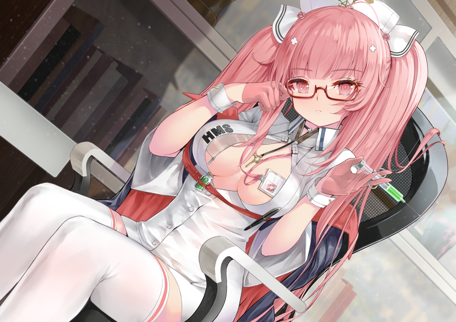 anthropomorphism, azur_lane, breasts, cleavage, glasses, no_bra, nurse, perseus_(azur_lane), pink_eyes, pink_hair, rin2008, thighhighs