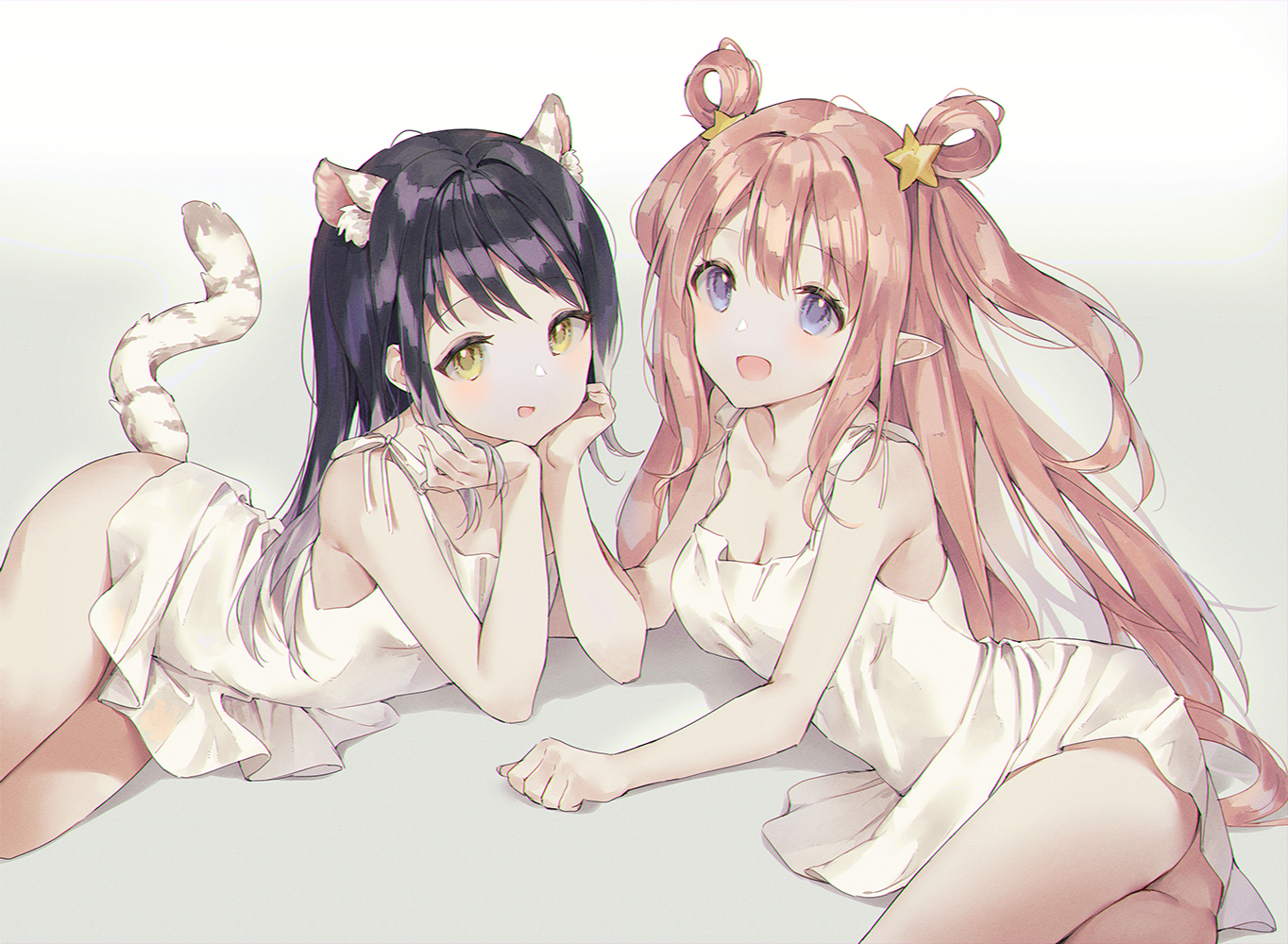 2girls, animal_ears, black_hair, blue_eyes, breasts, brown_hair, catgirl, cha_chya