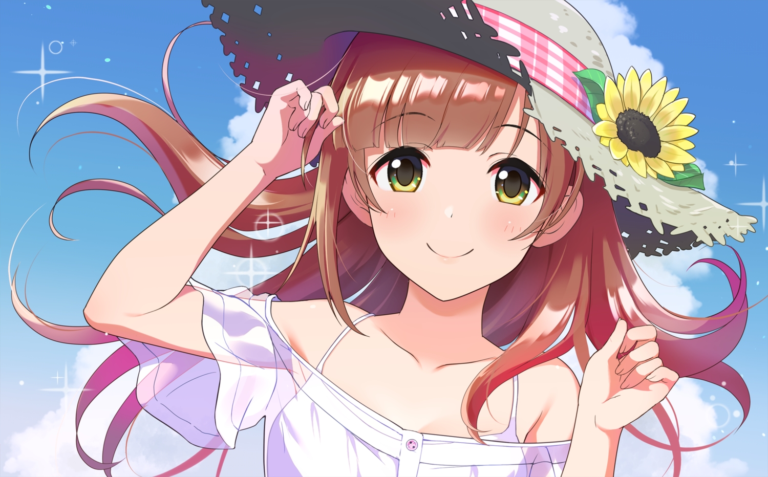 blush, brown_hair, close, clouds, flowers, hat, idolmaster, idolmaster_cinderella_girls