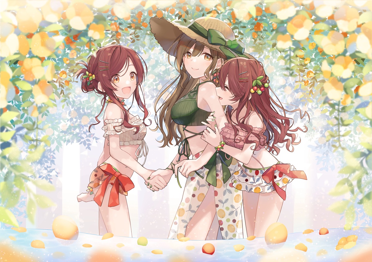 bikini, bow, brown_eyes, brown_hair, chiri_(ch!), flowers, hat, hug, idolmaster, idolmaster_shiny_colors, kuwayama_chiyuki, long_hair, oosaki_amana, oosaki_tenka, petals, swimsuit, twins, water