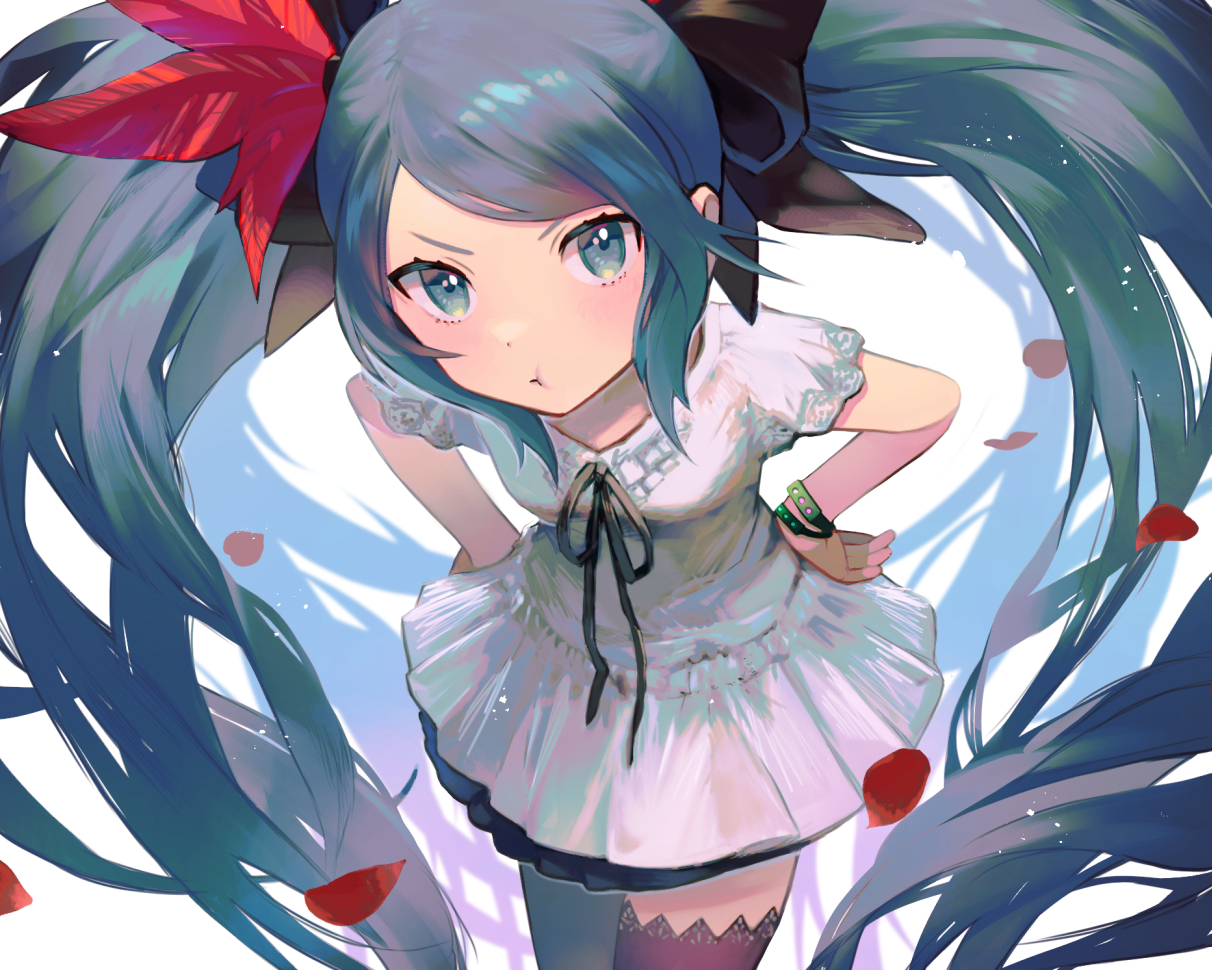 aqua_eyes, aqua_hair, cropped, dress, hatsune_miku, ito_taera, long_hair, petals, thighhighs, twintails, vocaloid, world_is_mine_(vocaloid)
