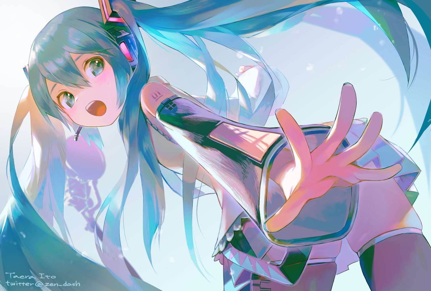 aqua_eyes, aqua_hair, hatsune_miku, headphones, ito_taera, long_hair, skirt, twintails, vocaloid