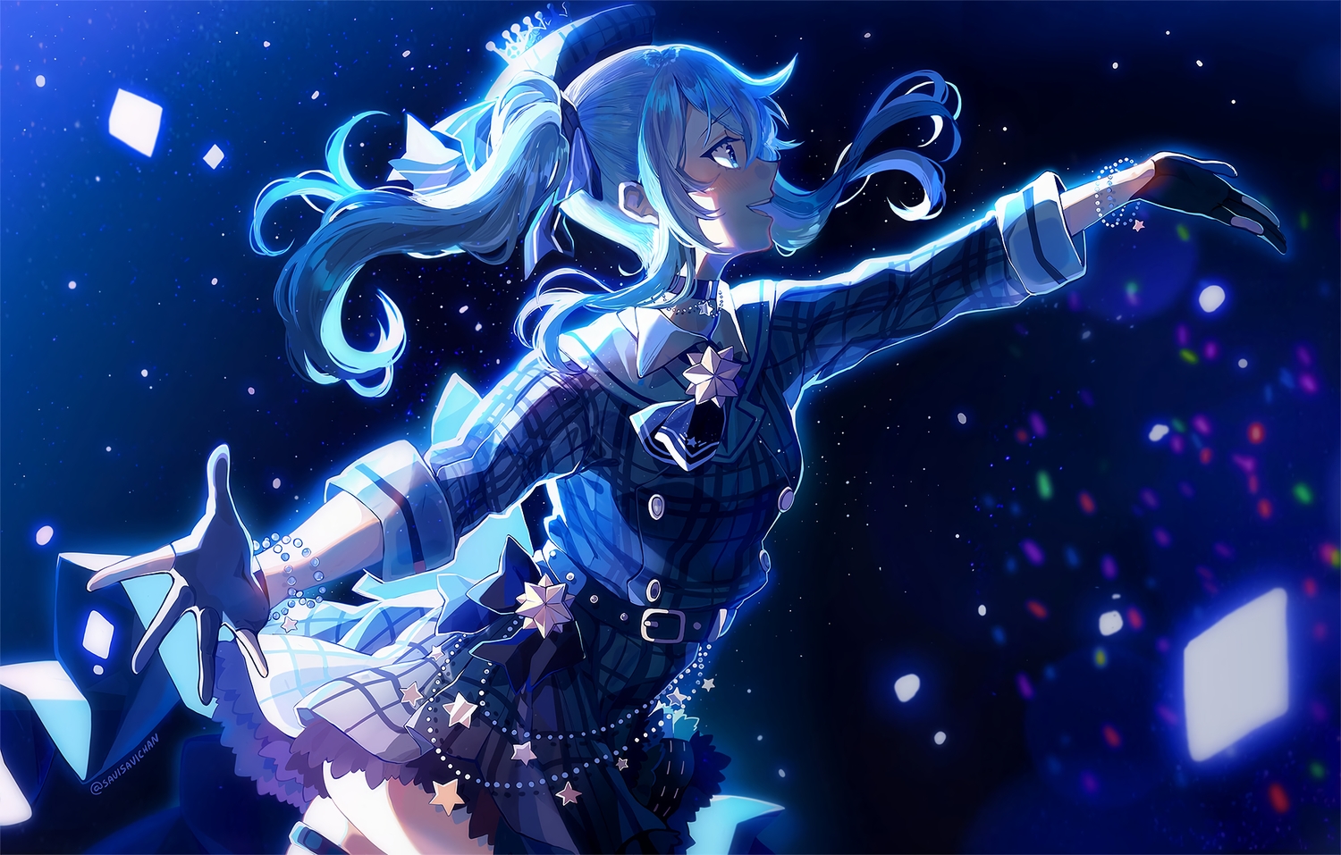 blue_eyes, blue_hair, choker, gloves, hololive, hoshimachi_suisei, savi_(byakushimc), short_hair