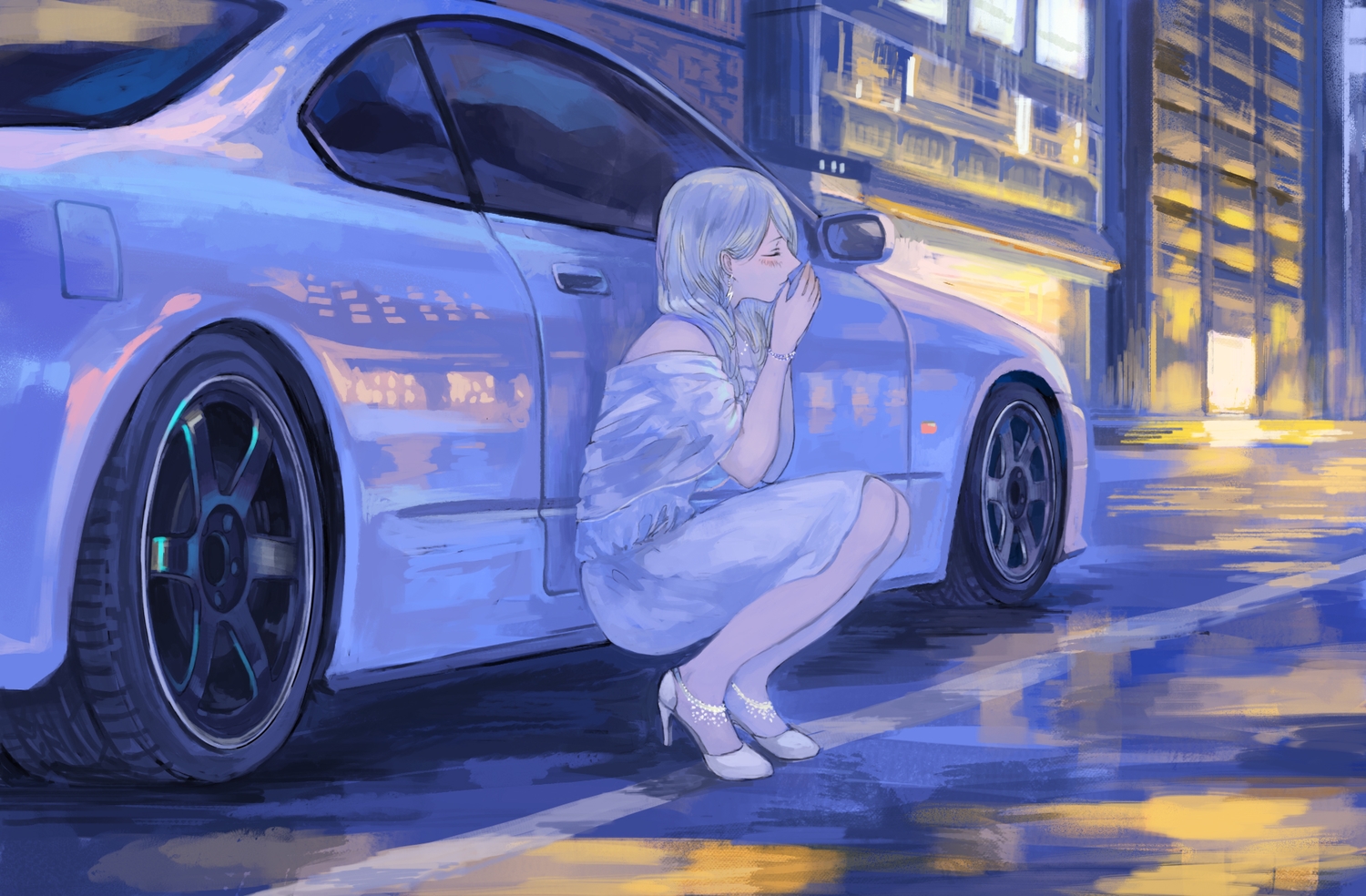 blonde_hair, building, car, city, dress, long_hair, momo_hiki, original, wristwear
