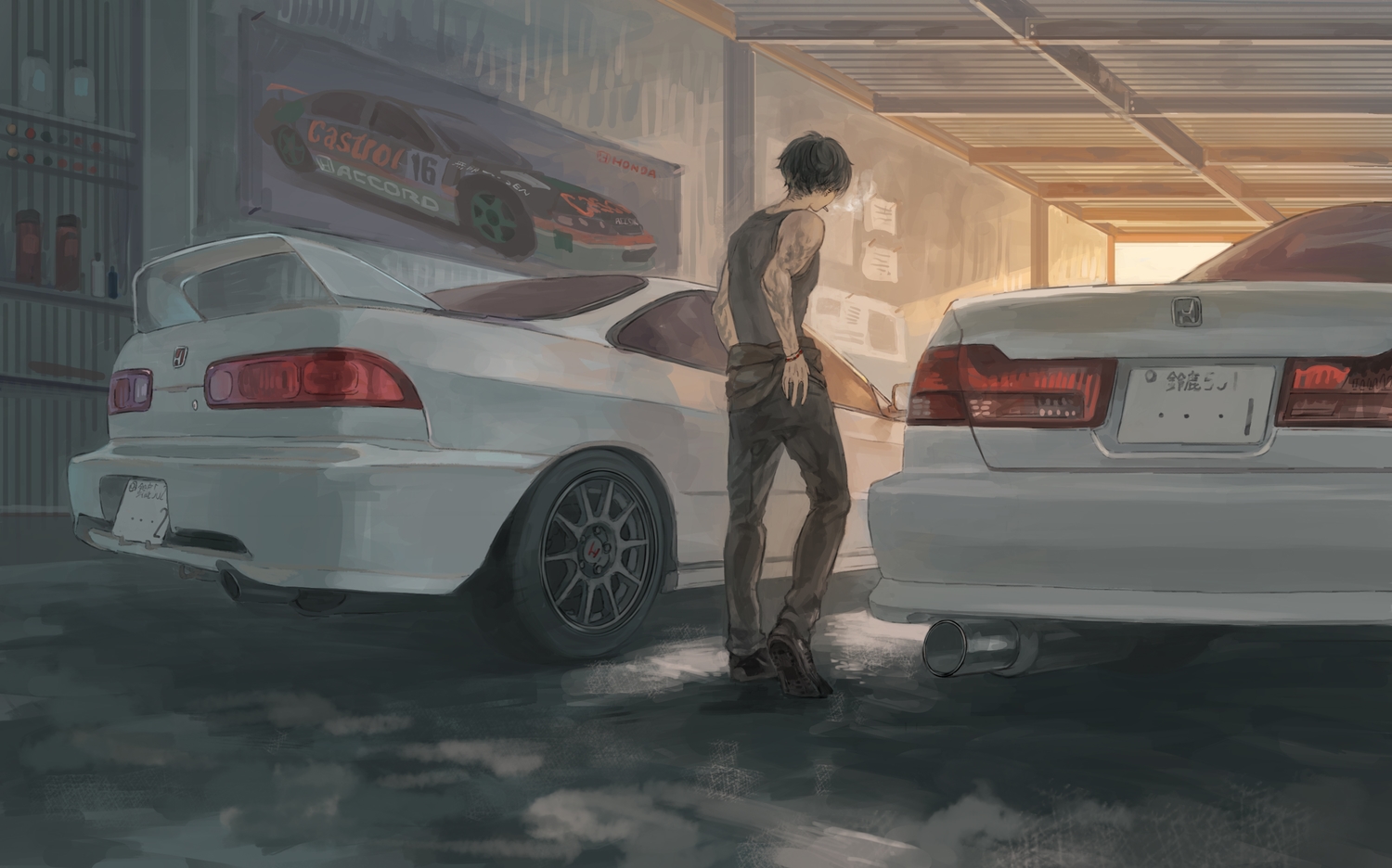 all_male, black_hair, car, cigarette, male, momo_hiki, original, shirt, short_hair, smoking, wristwear