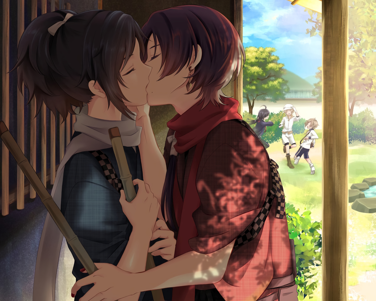 all_male, anthropomorphism, black_hair, brown_hair, cropped, houchou_toushirou, japanese_clothes, kashuu_kiyomitsu, kiss, kumaru_ayaka, male, monoyoshi_sadamune, namazuo_toushirou, ponytail, red_hair, short_hair, shounen_ai, touken_ranbu, yamato-no-kami_yasusada