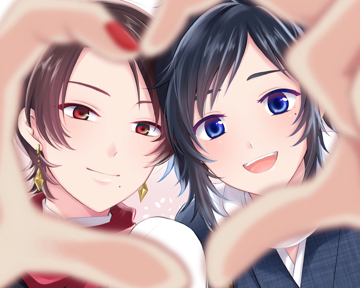 all_male, anthropomorphism, black_hair, blue_eyes, brown_hair, close, cropped, kashuu_kiyomitsu, kumaru_ayaka, male, red_eyes, touken_ranbu, yamato-no-kami_yasusada
