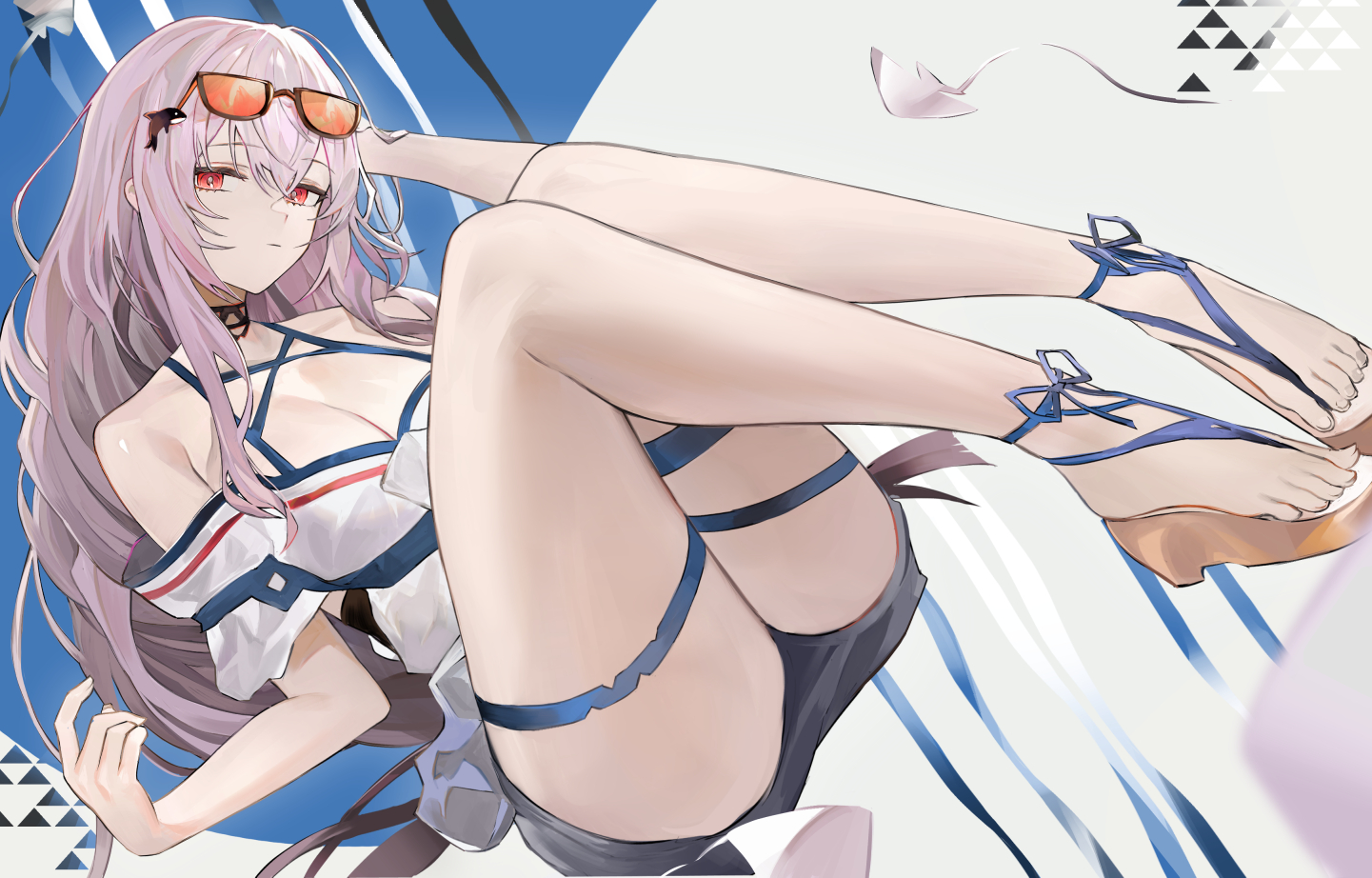 arknights, breasts, cleavage, koio, long_hair, pink_hair, red_eyes, shorts, skadi_(arknights), sunglasses