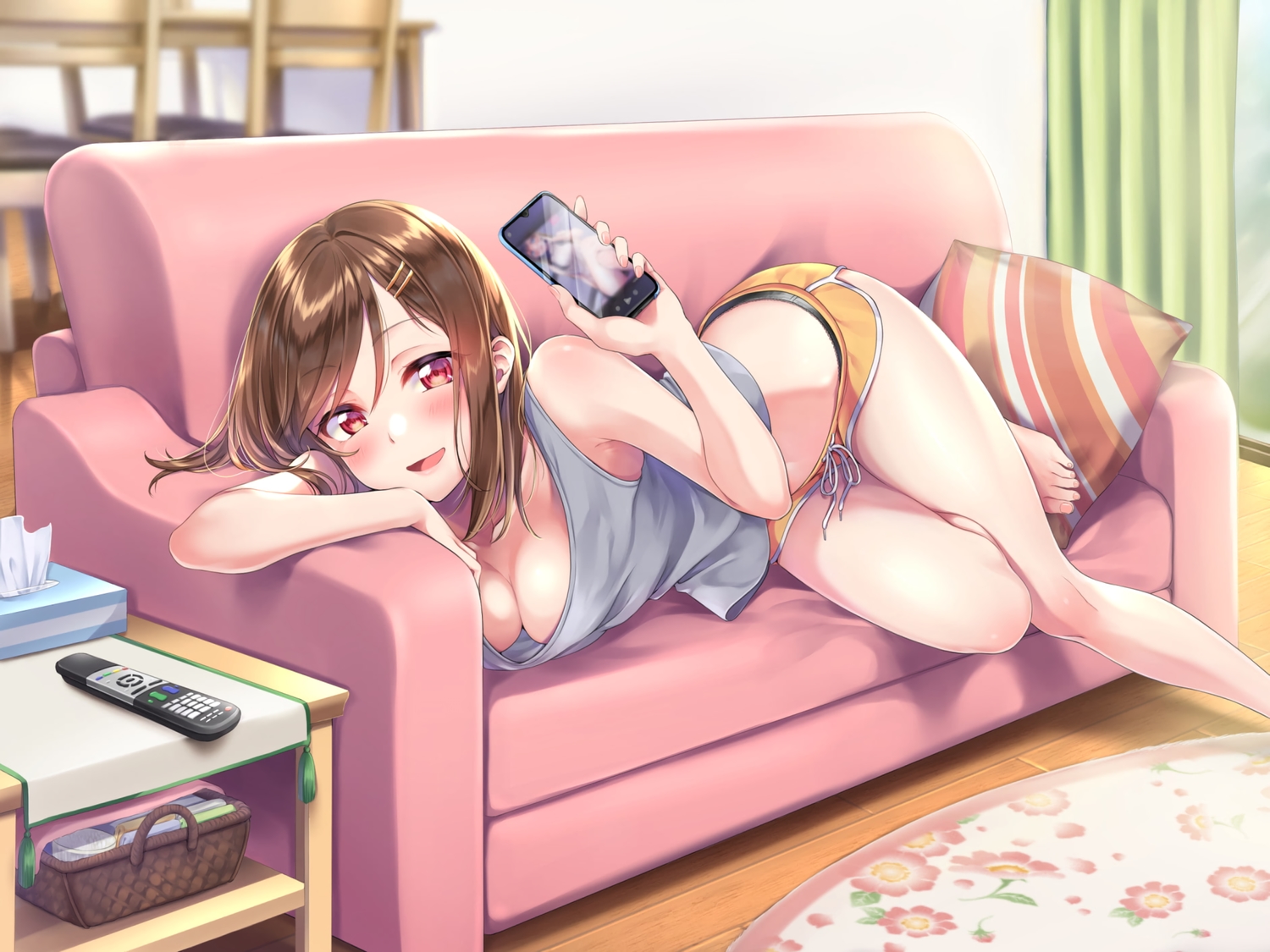 amagi_shino, blush, breasts, brown_hair, cleavage, couch, no_bra, original, panties, phone, red_eyes, short_hair, shorts, underwear
