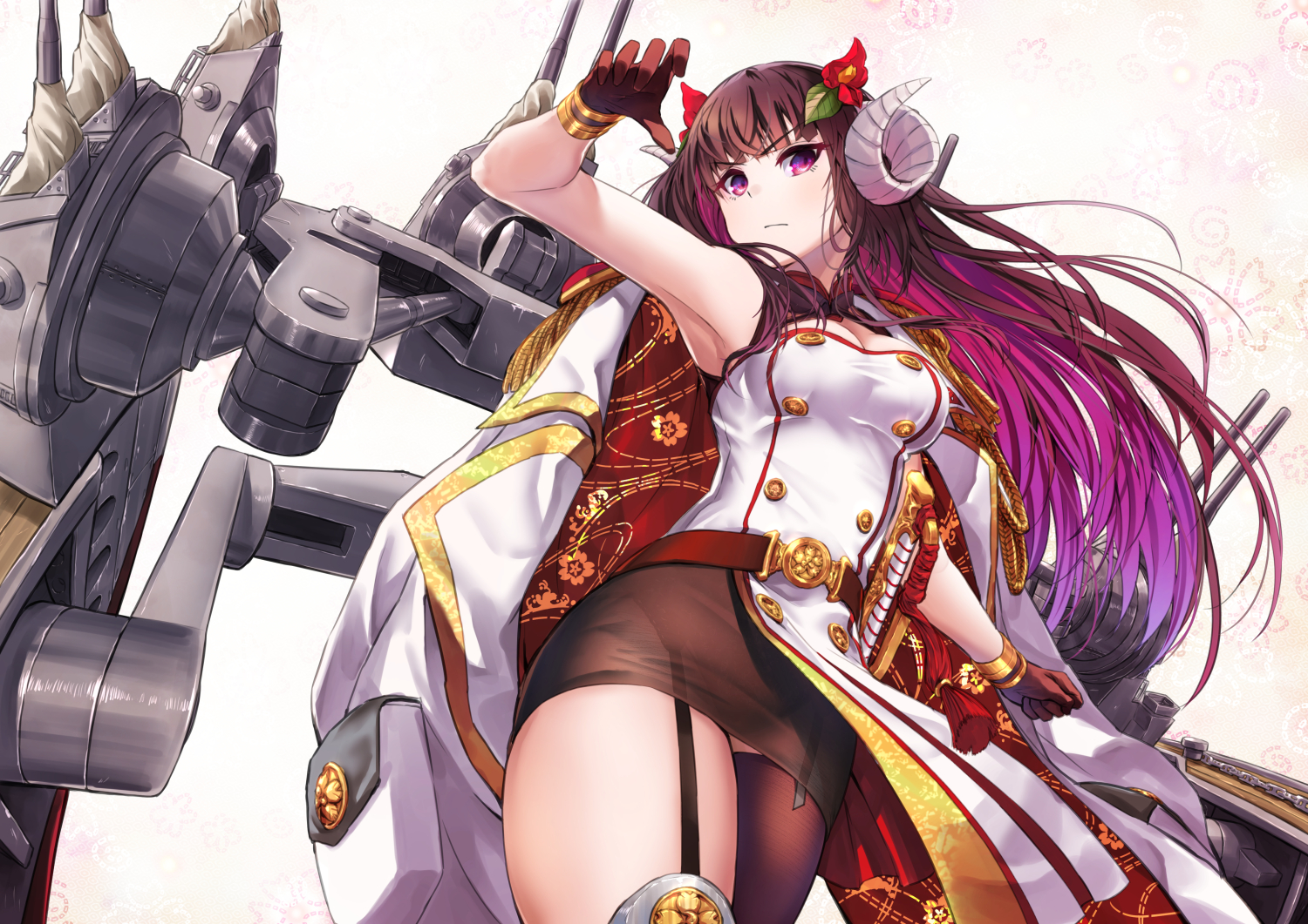 anthropomorphism, azur_lane, breasts, brown_hair, cleavage, garter_belt, gloves, gun