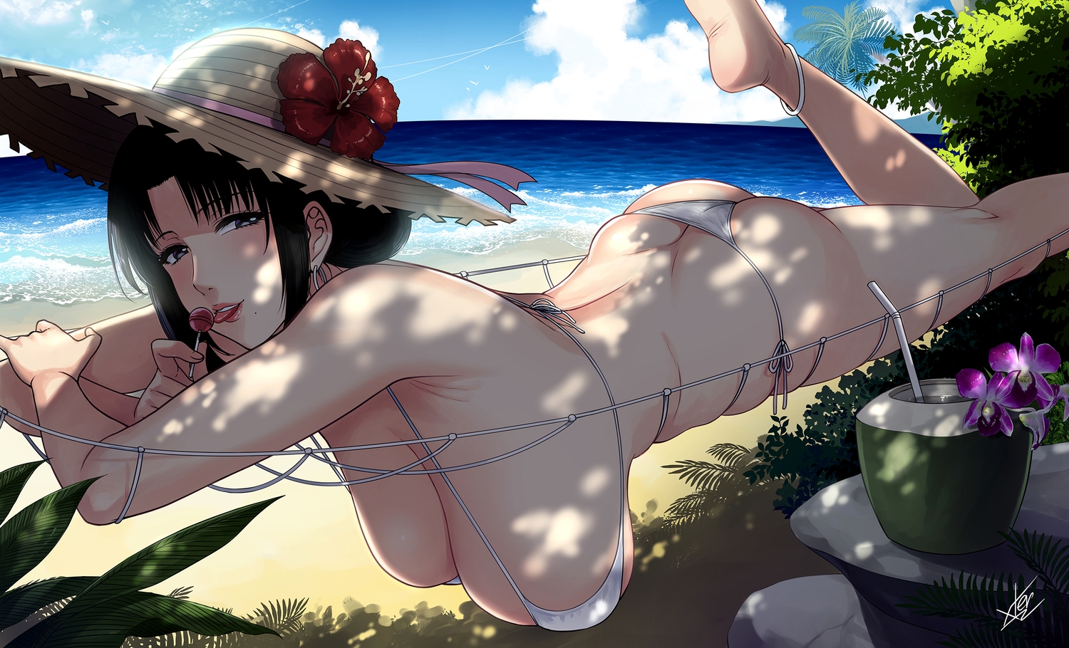 ass, beach, bikini, black_eyes, black_hair, breasts, candy, clouds, drink, flowers, lollipop, original, shade, short_hair, signed, sky, swimsuit, water, xtermination