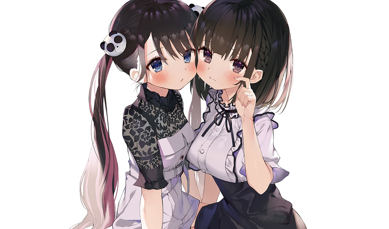 2girls, black_hair, blue_eyes, blush, braids, brown_eyes, cropped, dress