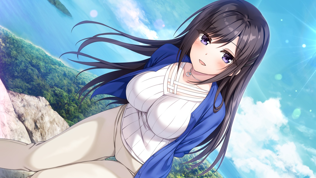 black_hair, blush, clouds, forest, game_cg, hibiki_works, long_hair, necklace
