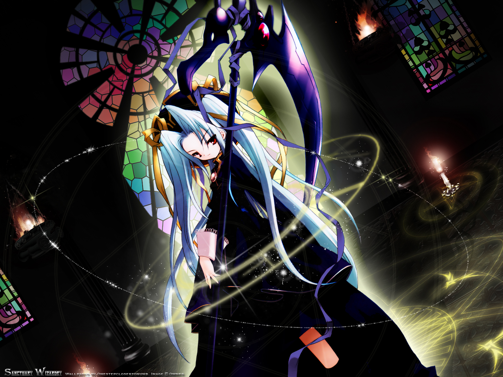 blue_hair, forget_me_not, red_eyes, scythe, spear, weapon