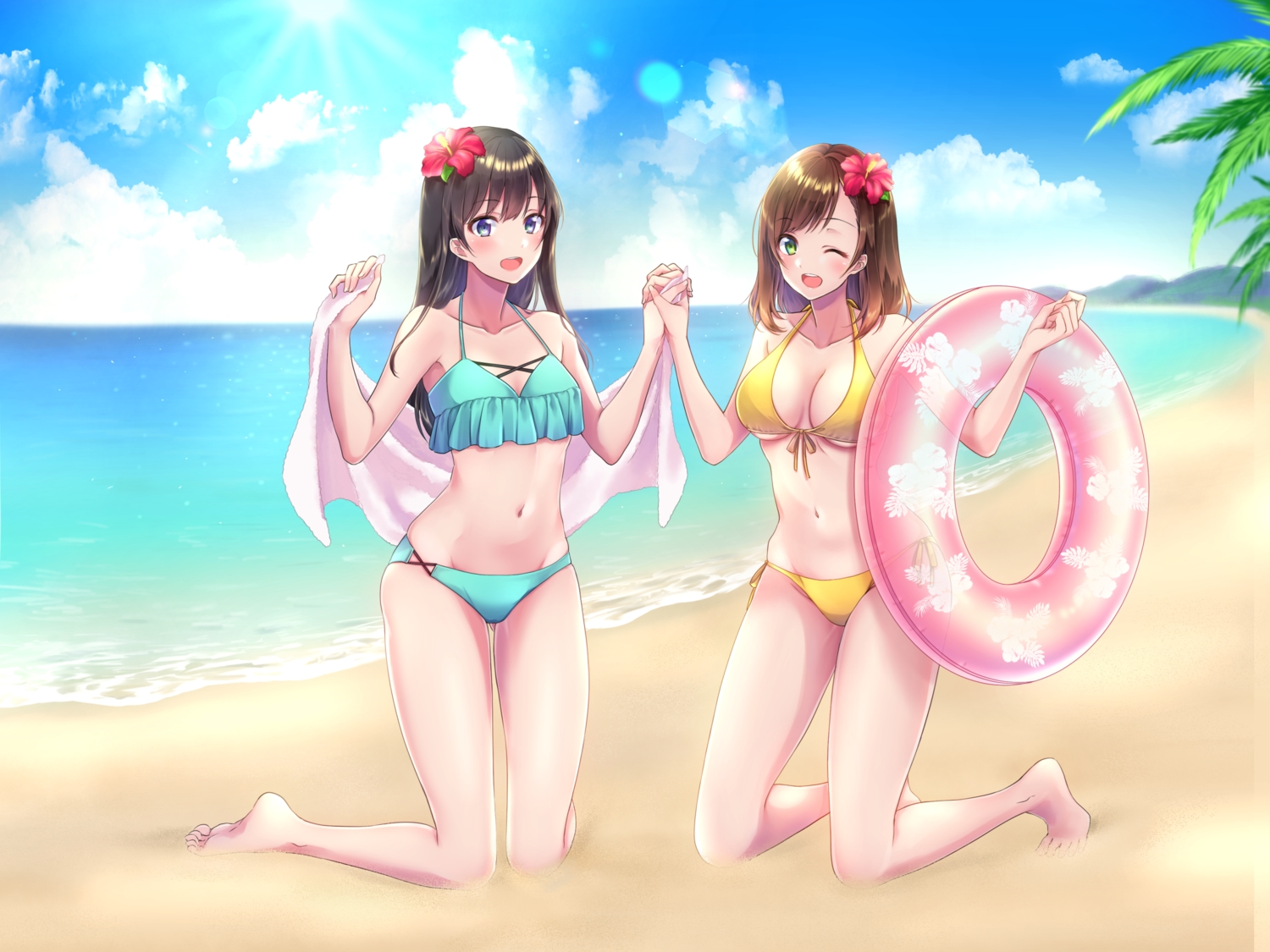 2girls, amagi_shino, barefoot, beach, bikini, blue_eyes, blush, brown_hair, clouds, green_eyes, original, sky, swimsuit, tree, water, wink