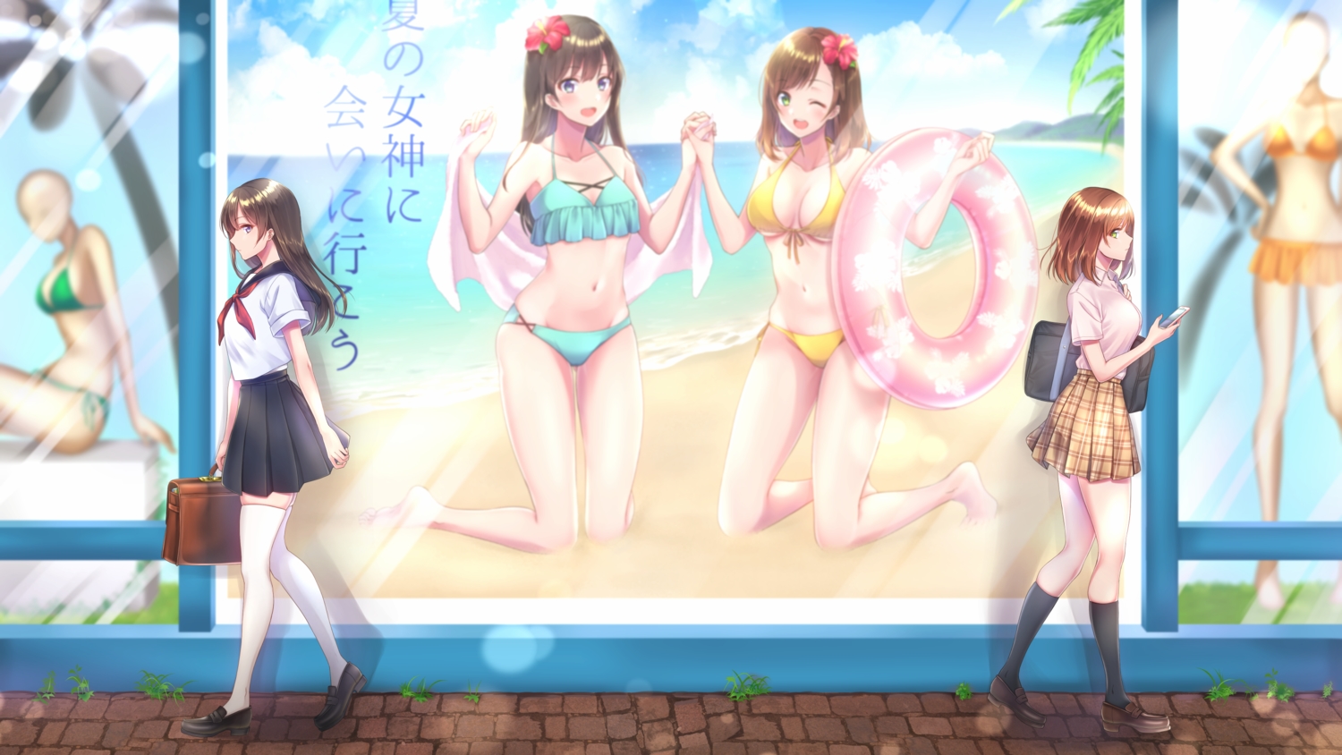 2girls, amagi_shino, barefoot, beach, bikini, blue_eyes, blush, brown_hair
