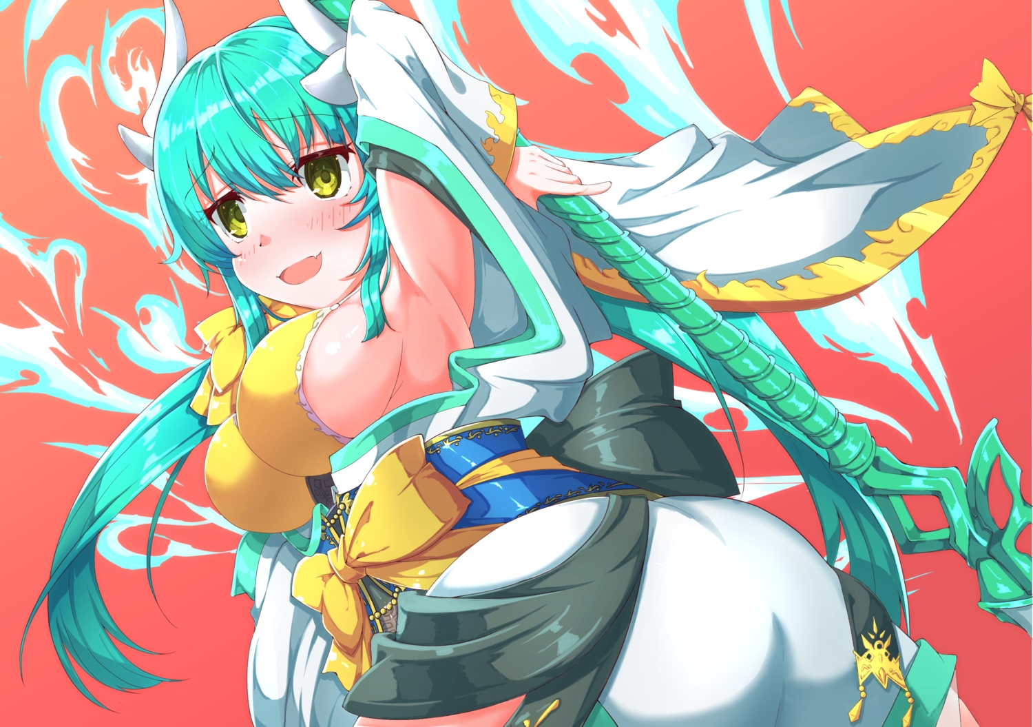 966982, blush, bow, breasts, fang, fate/grand_order, fate_(series), green_hair, kiyohime_(fate/grand_order), long_hair, red, spear, weapon, yellow_eyes