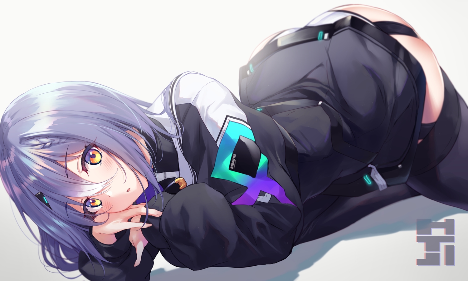 ass, blush, etra, fukai_ryousuke, gray_hair, icetea, orange_eyes, panties, short_hair, thighhighs, underwear