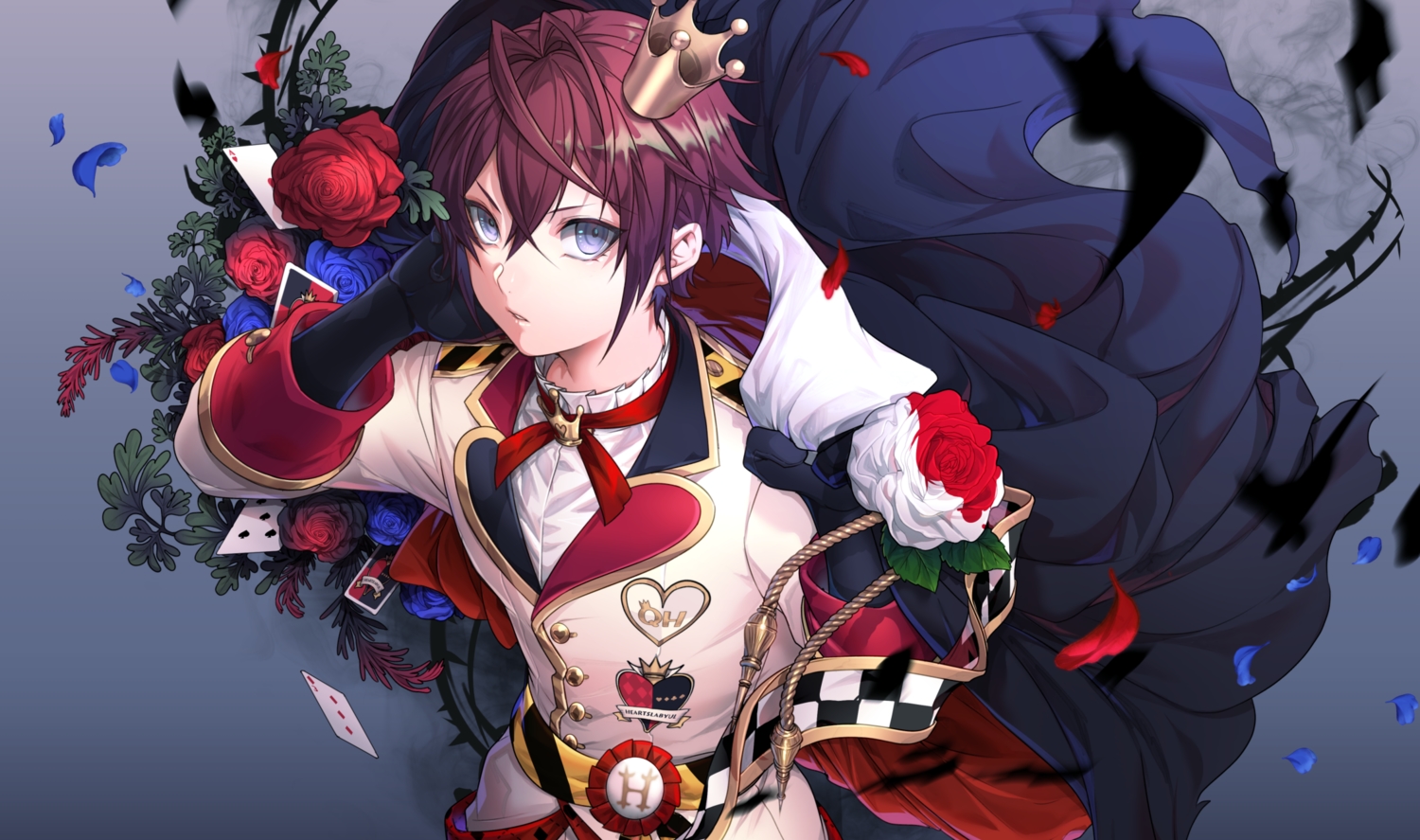 all_male, blue_eyes, cape, crown, domco, elbow_gloves, flowers, gloves, gradient, male, petals, purple_hair, riddle_rosehearts, rose, short_hair, twisted_wonderland