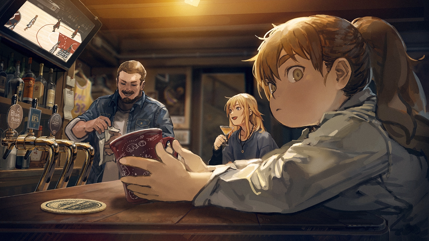 blonde_hair, blue_eyes, brown_eyes, brown_hair, burari, drink, loli, long_hair