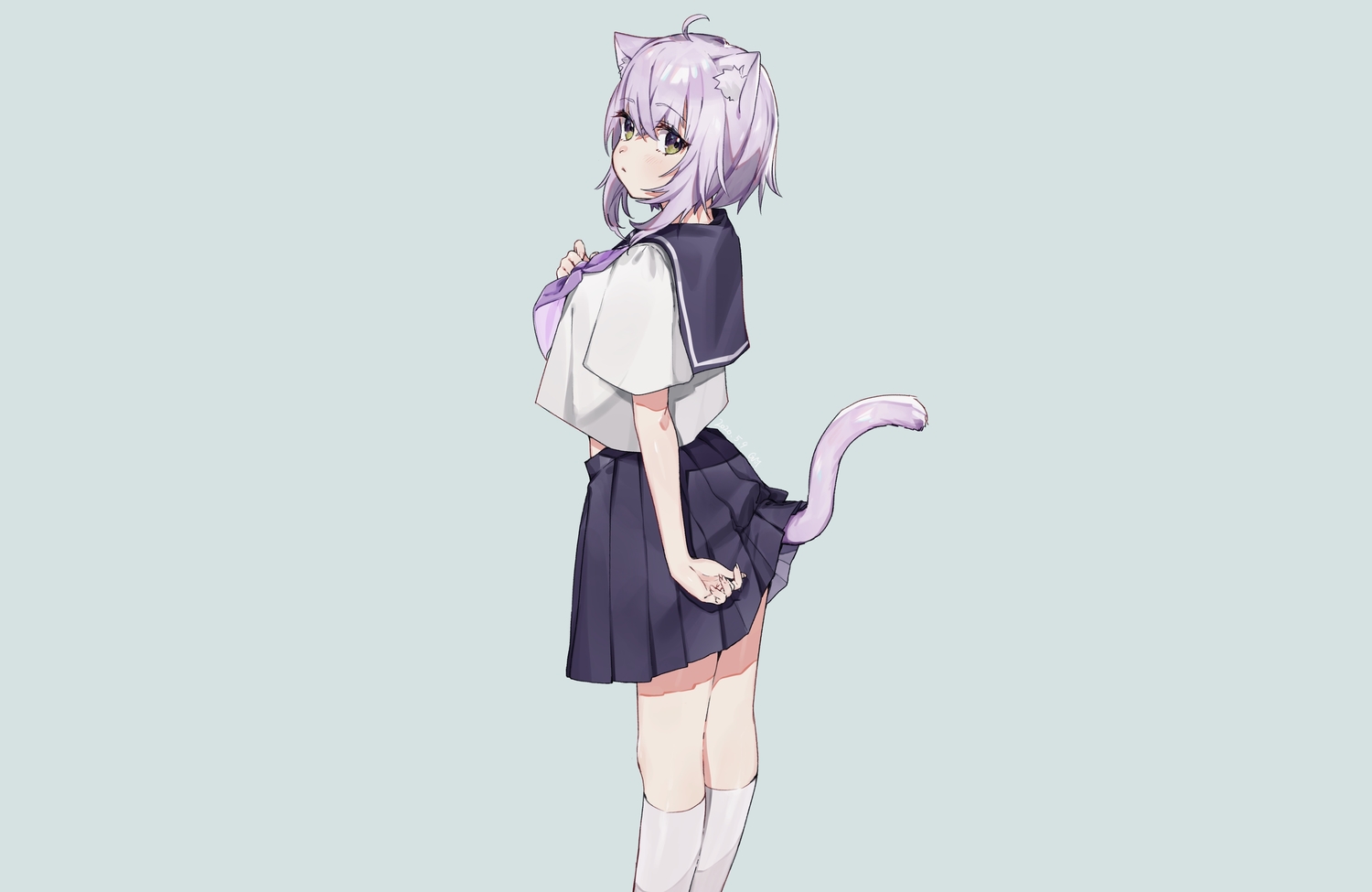 animal_ears, blue, blush, catgirl, green_eyes, hololive, idenshi_kumikae_(kabe_choron), kneehighs, nekomata_okayu, purple_hair, school_uniform, short_hair, signed, skirt, skirt_lift, tail