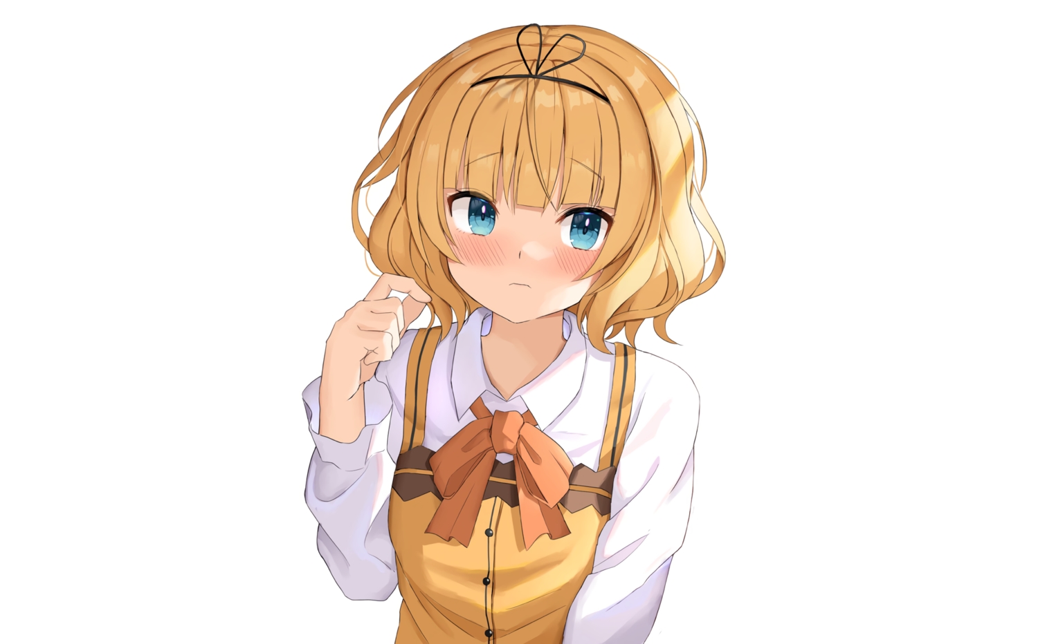 aqua_eyes, blonde_hair, blush, bow, close, gochuumon_wa_usagi_desu_ka?, headband, kirima_sharo, raru0310, shirt, short_hair, uniform, white