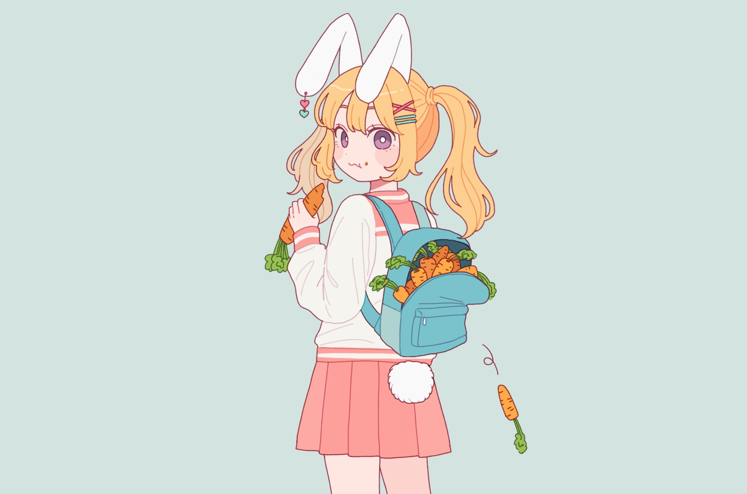 animal_ears, blue, bunny_ears, bunnygirl, cat_smile, food, long_hair, nokanok, orange_hair, original, purple_eyes, school_uniform, skirt, tail, third-party_edit, twintails