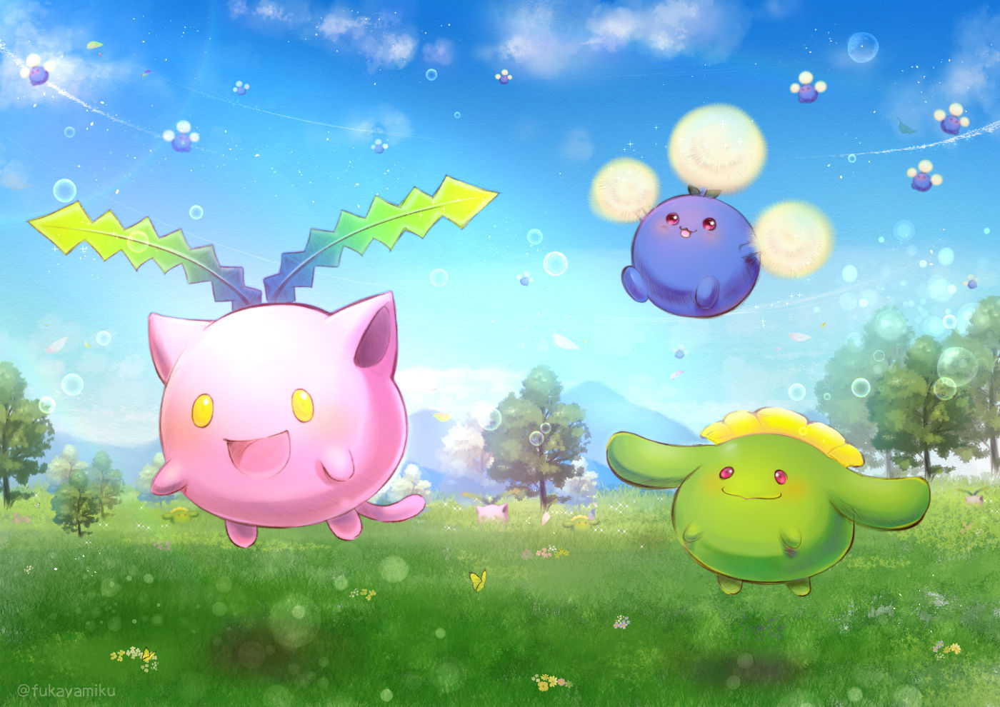 butterfly, cat_smile, clouds, fukaya_miku, grass, hoppip, jumpluff, no_humans