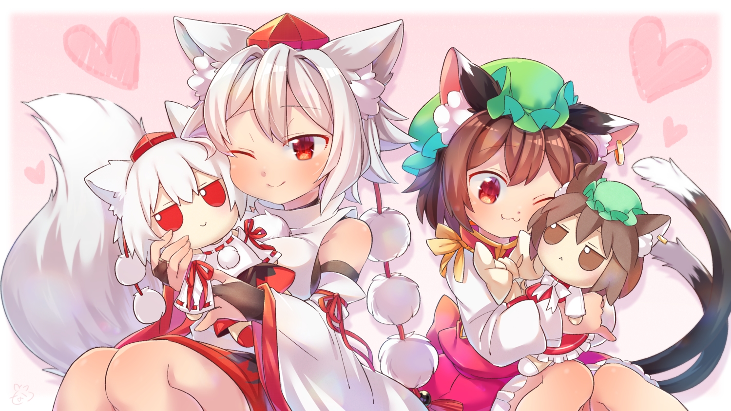 2girls, animal_ears, bow, brown_hair, catgirl, cat_smile, chen, doll, fang, hat, heart, ibaraki_natou, inubashiri_momiji, japanese_clothes, loli, multiple_tails, red_eyes, short_hair, signed, skirt, tail, touhou, white_hair, wink, wolfgirl