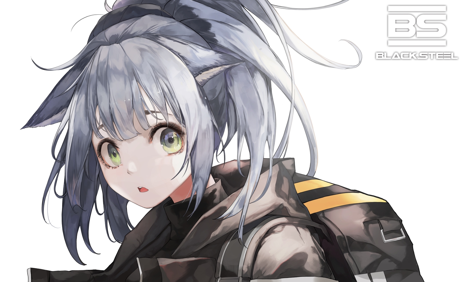 animal_ears, arknights, catgirl, close, gray_hair, green_eyes, hood, jessica_(arknights)
