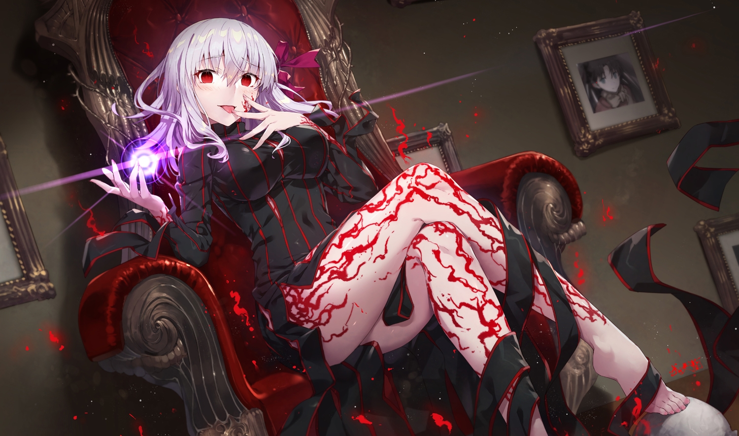 blush, breasts, couch, dark_matou_sakura, dress, fate/grand_order, fate_(series), gabiran
