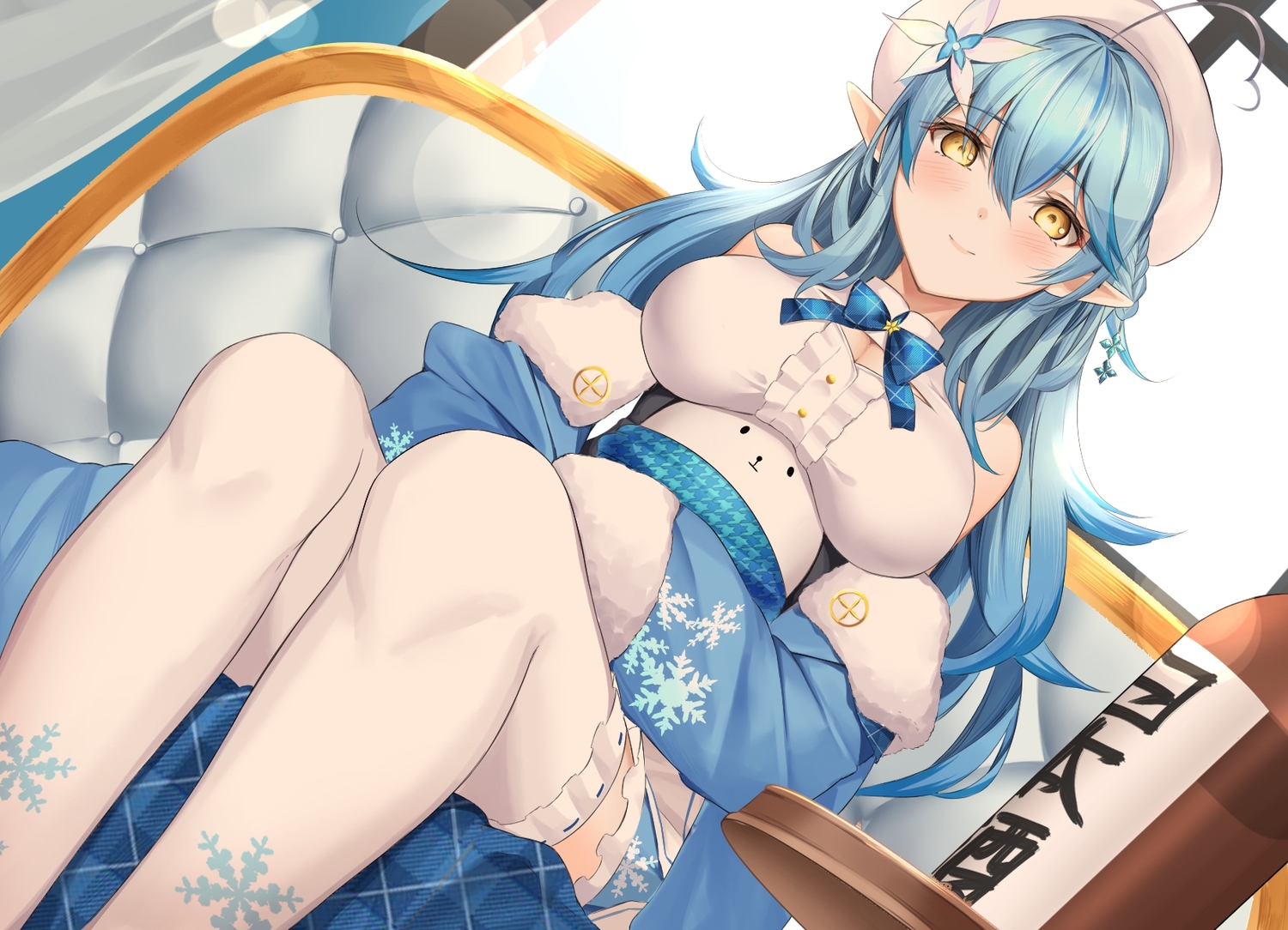 aqua_hair, blush, breasts, brown_eyes, couch, drink, hat, hololive, long_hair, pointed_ears, thighhighs, yukihana_lamy, yuya_(pixiv37335712)
