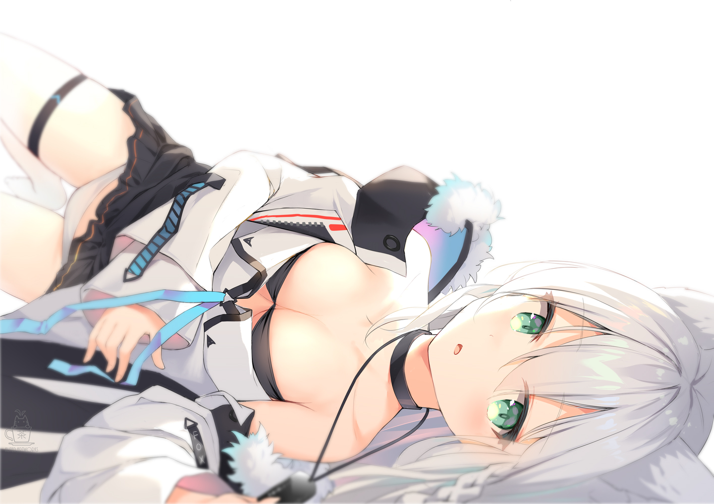 aliter, animal_ears, bikini, braids, breasts, cleavage, foxgirl, garter