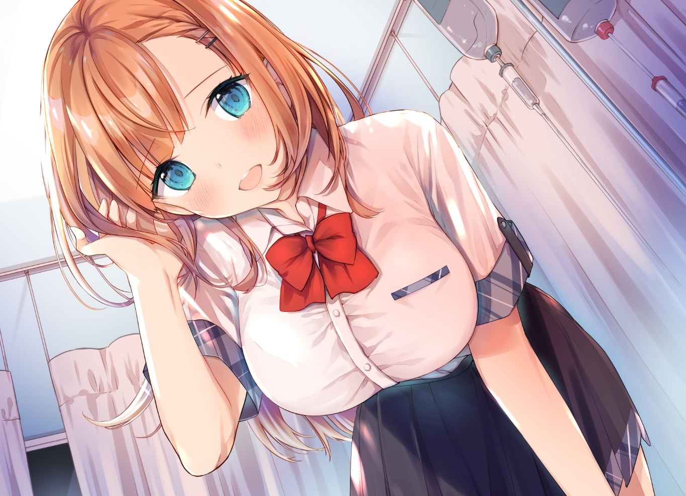 aqua_eyes, blush, bow, braids, breasts, long_hair, orange_hair, original, school_uniform, skirt, yu_yu