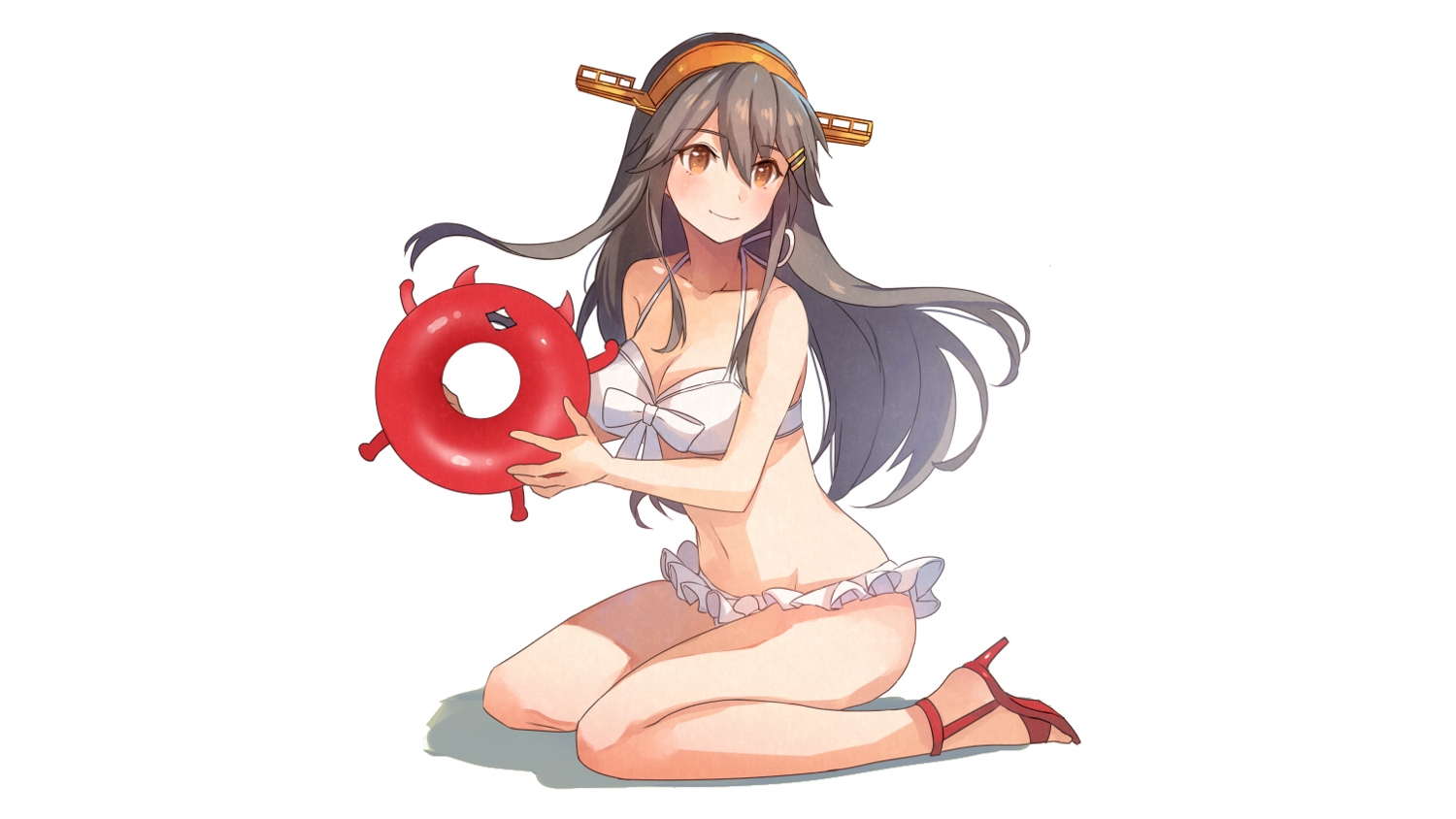 anthropomorphism, bikini, blush, breasts, brown_eyes, brown_hair, cleavage, haruna_(kancolle)