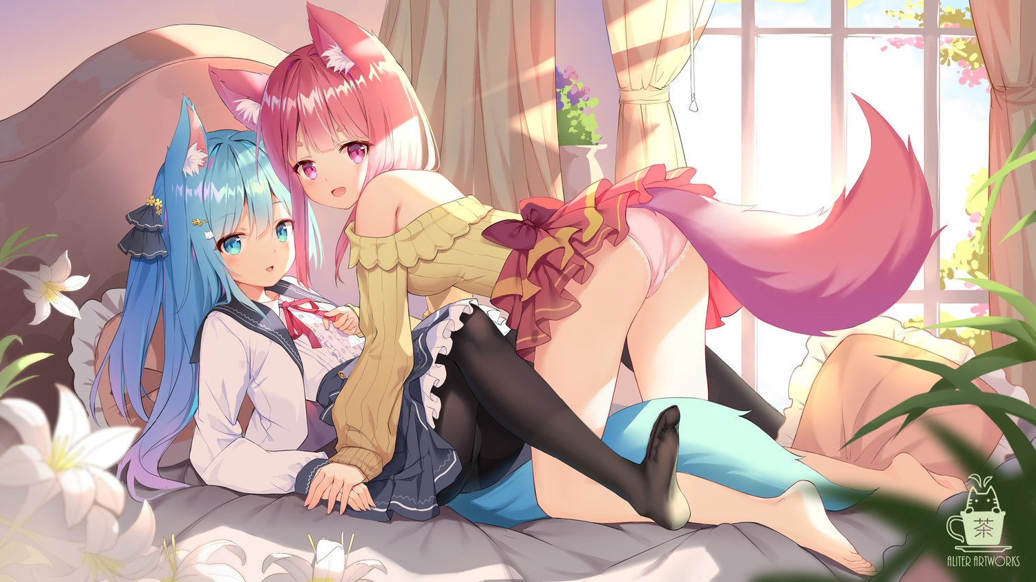2girls, aliter, animal_ears, aqua_eyes, aqua_hair, bed, flowers, foxgirl, original, panties, pantyhose, tail, underwear, watermark