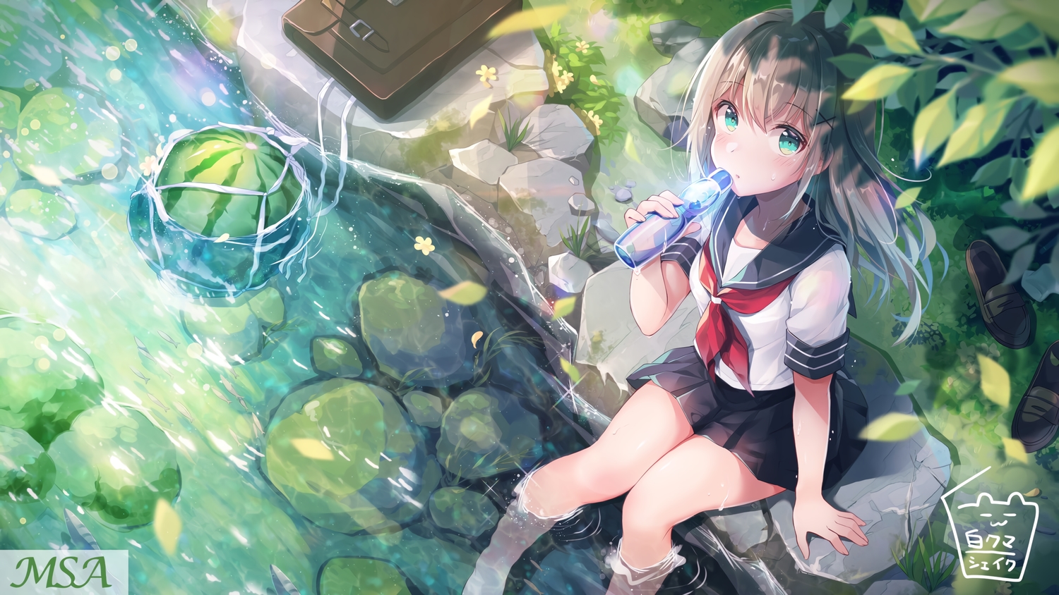 brown_hair, drink, food, fruit, green, green_eyes, original, school_uniform, shiro_kuma_shake, signed, skirt, summer, water, watermelon