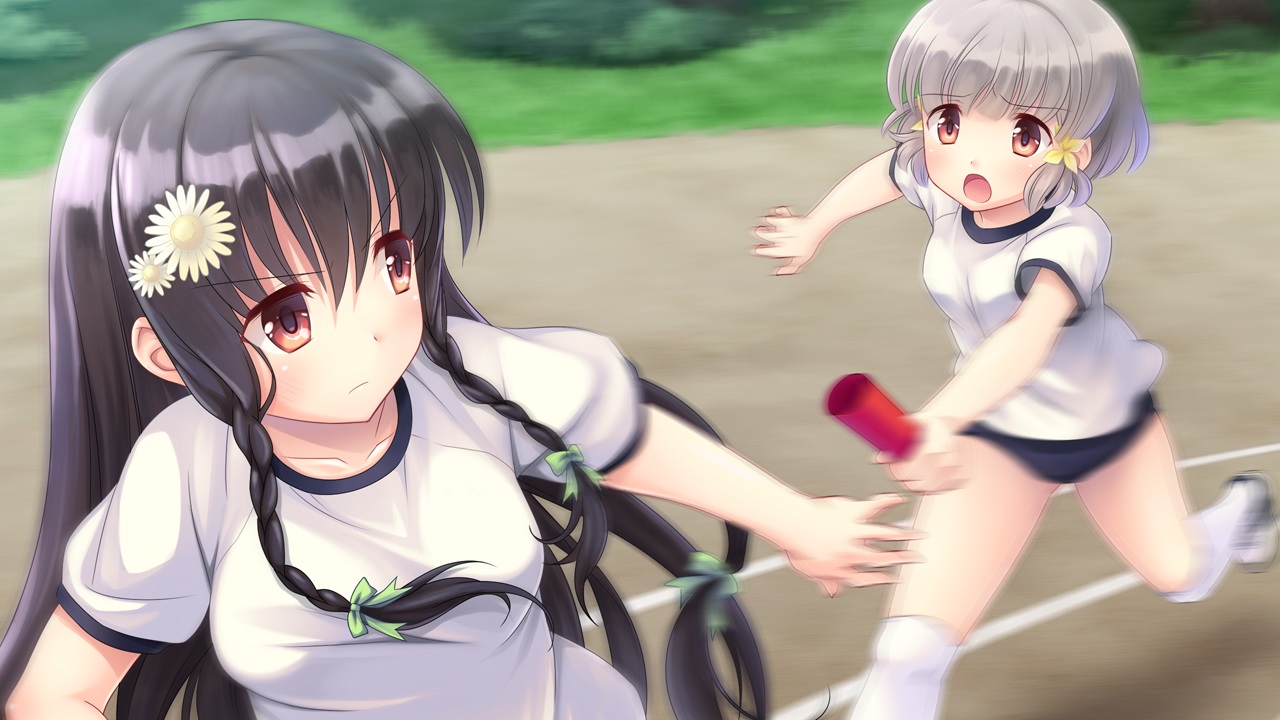 2girls, black_hair, bloomers, blush, braids, flowers, game_cg, gym_uniform