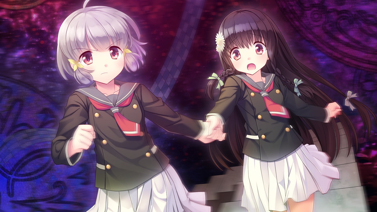 2girls, black_hair, blush, braids, flowers, game_cg, headdress, hiraoka_mutsuki
