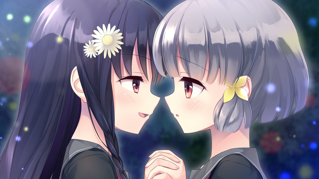 2girls, black_hair, blush, braids, close, flowers, game_cg, gray_hair